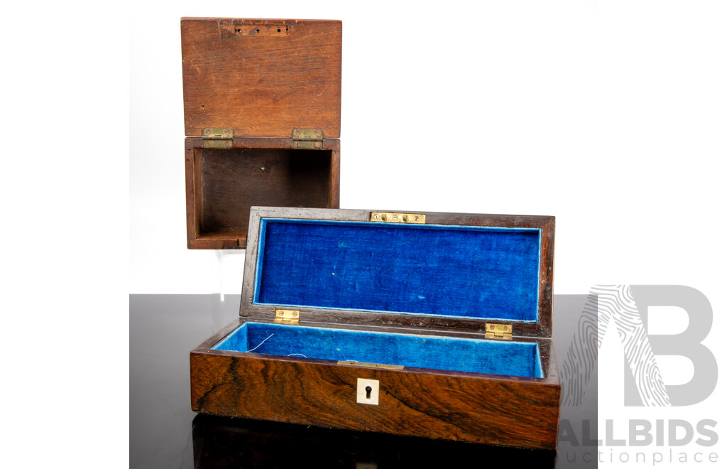 Antique Late Victorian Wooden Box with Mother of Pearl Lining and Lock with Key Along with Small Bow with Bone Inlay to Key Escutcheon