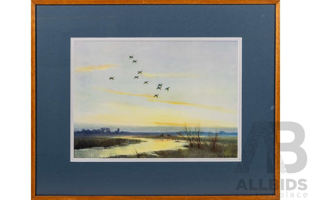 Peter Markham Scott, (20th Century, British,1909-1989), Ducks at Sunset (1942), Lovely Vintage Print of Original Watercolour, 46 x 56 cm (frame)