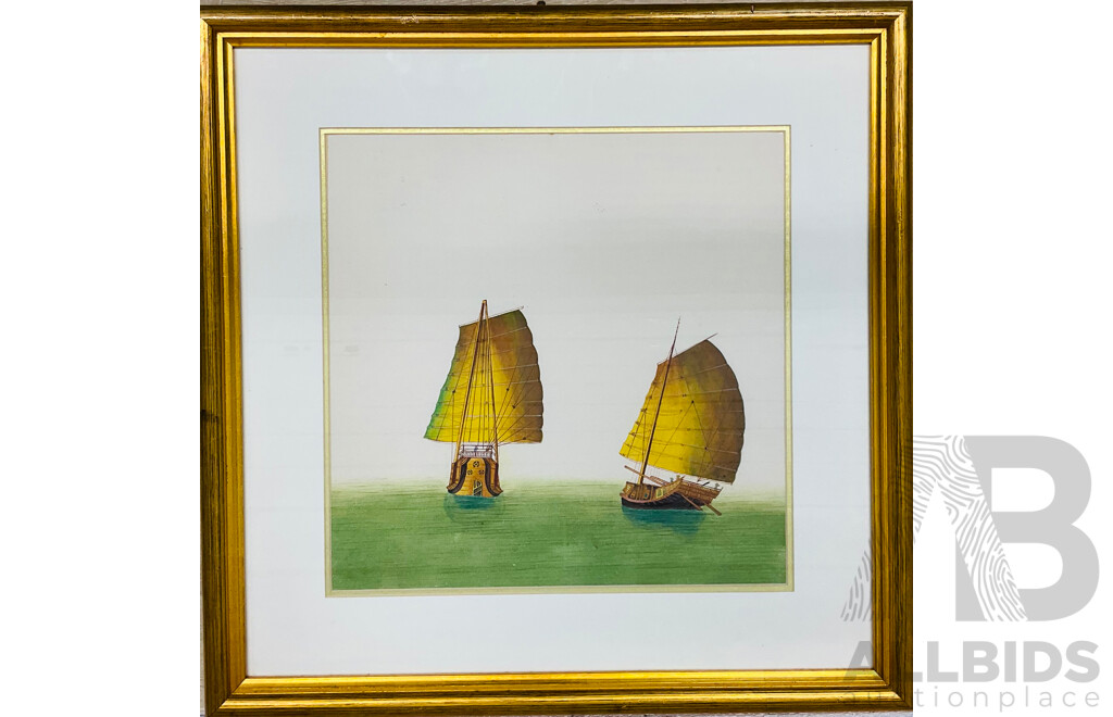 Chinese Junk Painting with Gold Wooden Frame(53x53x2.5cm)
