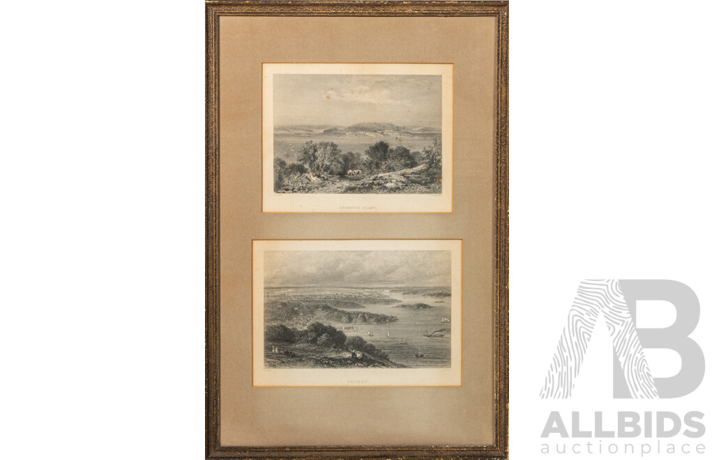 S Prout (1805-1876) & J.Carr, (1819-1900) (Both 19th Century, British), Cockatoo Island & Sydney, Fabulous Pair of Antique Steel Engravings, 48 x 32 cm (frame)