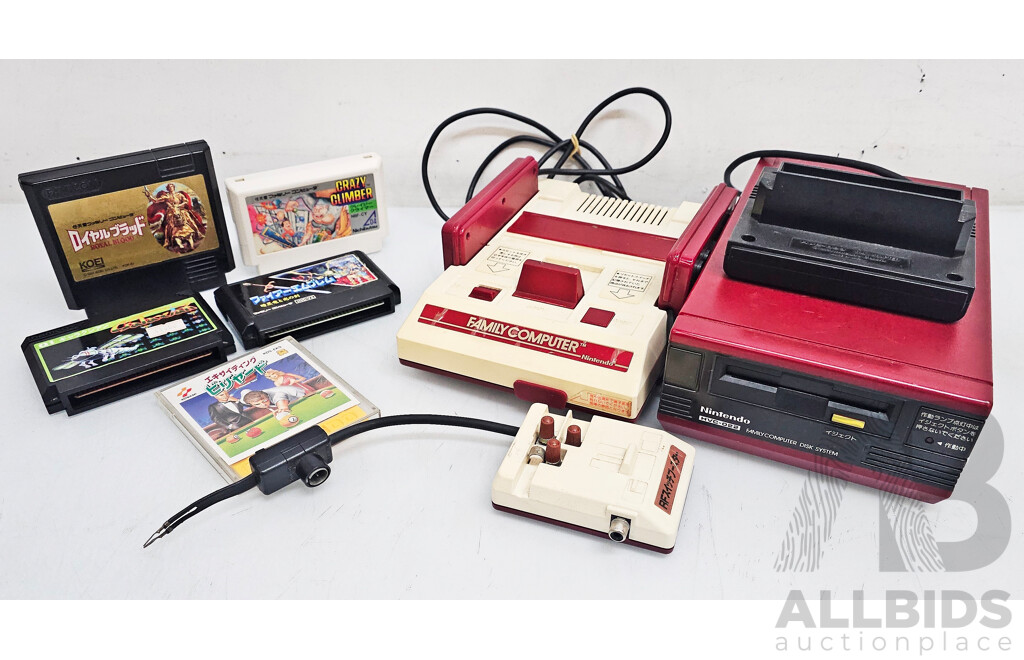 Nintendo Famicom Video Game Console W/ Disk System, Controllers, Power Supply & Games