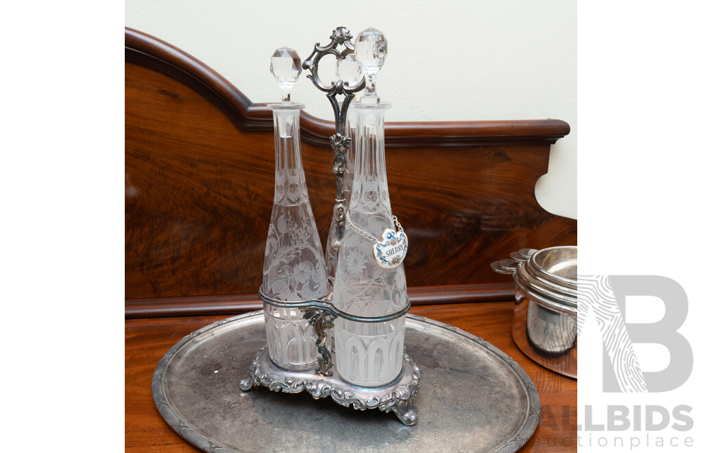 Set Three Antique Late Victorian Engraved Glass Decanters with Stoppers in Silver Plate Holder on Silver Plate Oval Tray