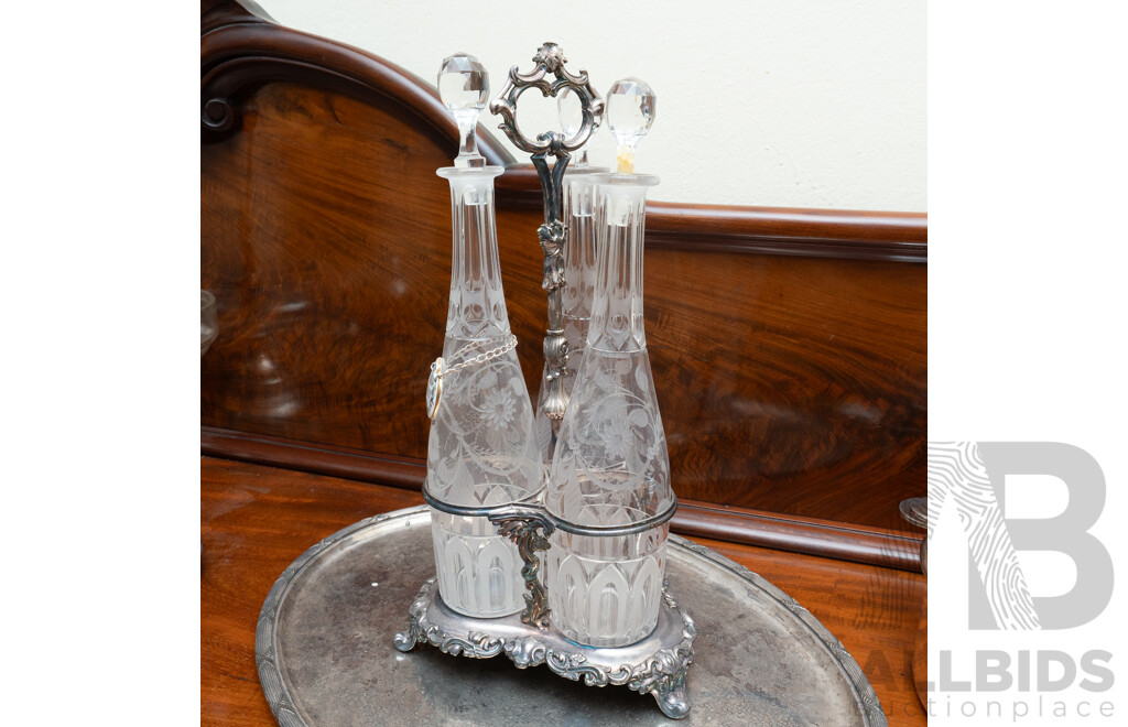 Set Three Antique Late Victorian Engraved Glass Decanters with Stoppers in Silver Plate Holder on Silver Plate Oval Tray
