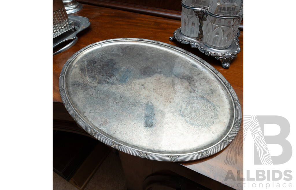 Set Three Antique Late Victorian Engraved Glass Decanters with Stoppers in Silver Plate Holder on Silver Plate Oval Tray
