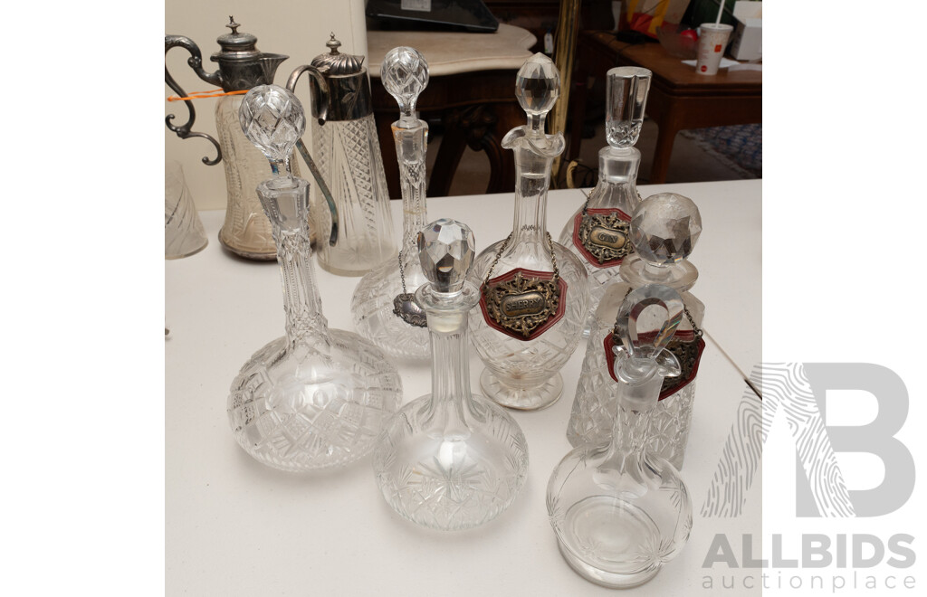 Collection Antique & Vintage Decanters with Stoppers Including Three with Content Labels