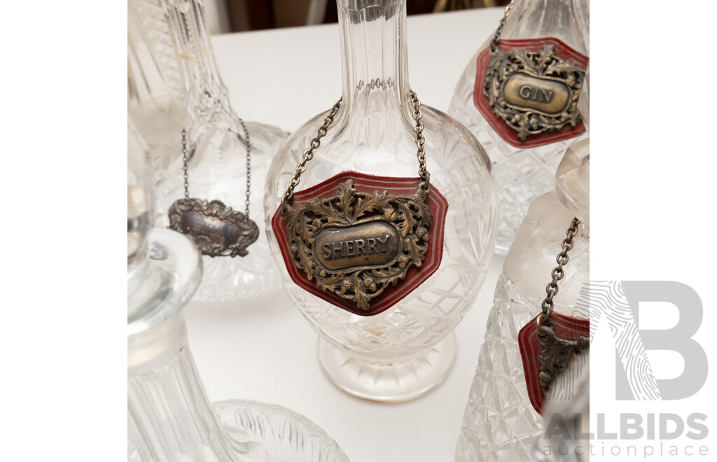 Collection Antique & Vintage Decanters with Stoppers Including Three with Content Labels