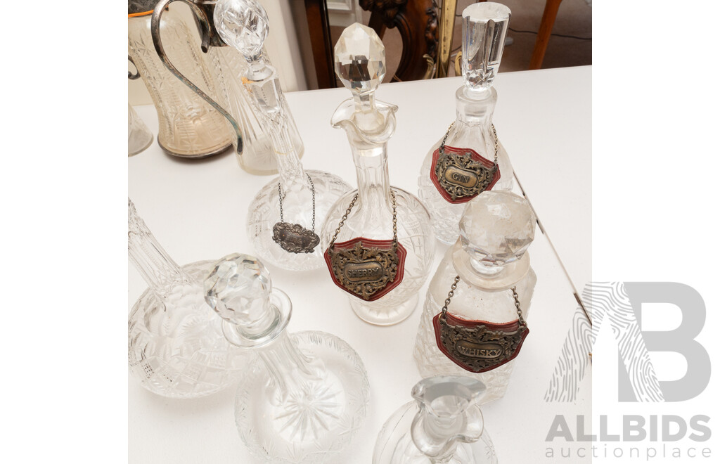 Collection Antique & Vintage Decanters with Stoppers Including Three with Content Labels