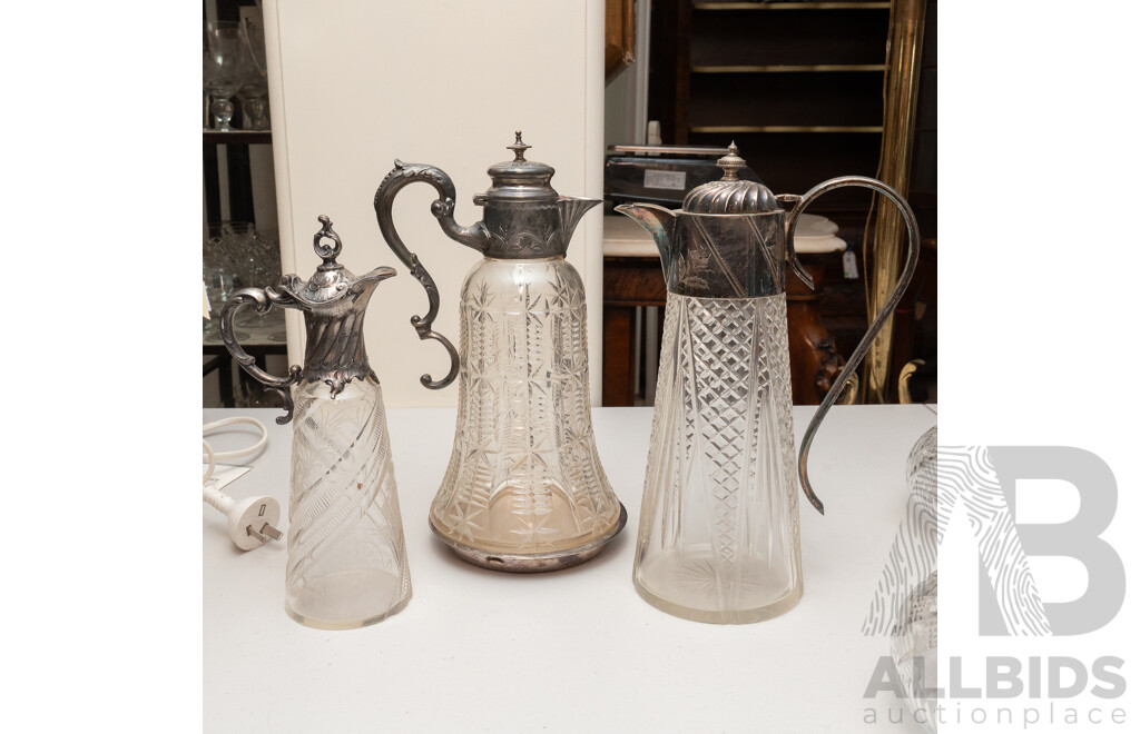 Collection Three Antique Pitchers with Engraved Silver Plate Collars and Handles