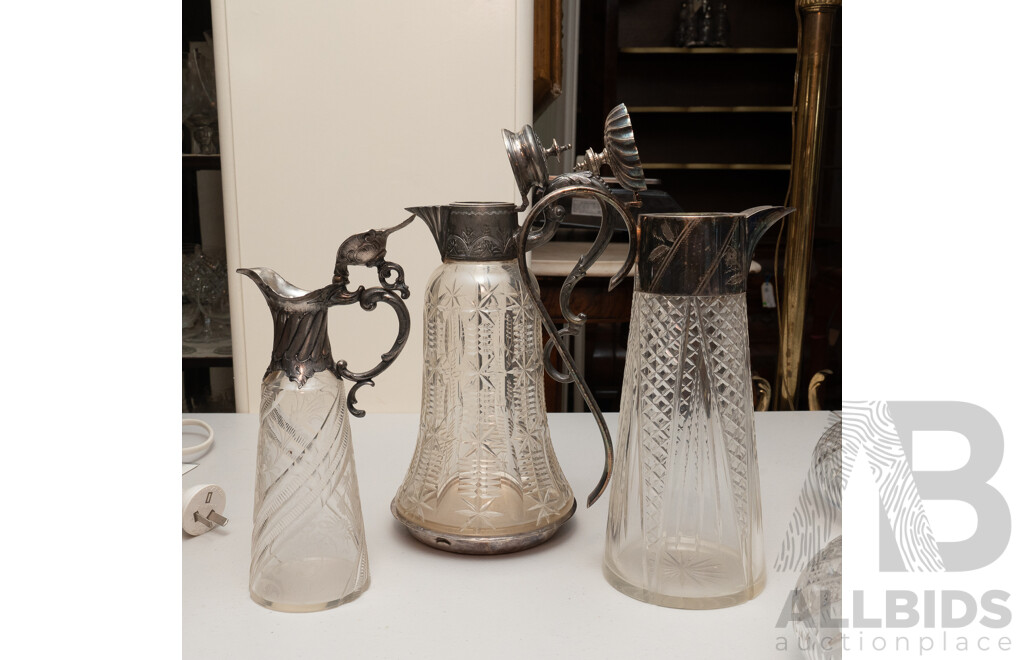 Collection Three Antique Pitchers with Engraved Silver Plate Collars and Handles