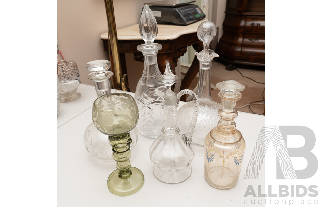 Collection Five Antique Decanters & Pitchers with Stoppers Along with Antique Green Glass Goblet with Engraved Detail
