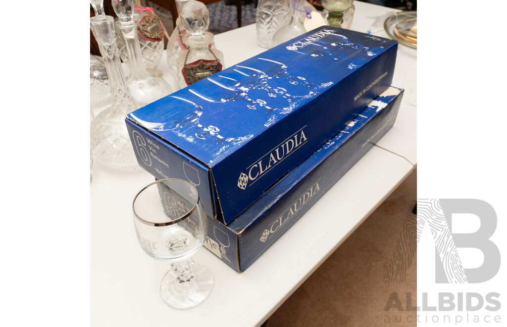 Two Sets Six Czechoslovakian Claudia Crystal Wine Glasses in Original Boxes