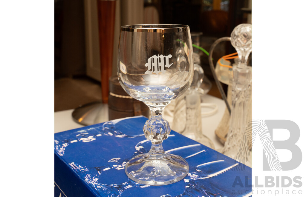 Two Sets Six Czechoslovakian Claudia Crystal Wine Glasses in Original Boxes