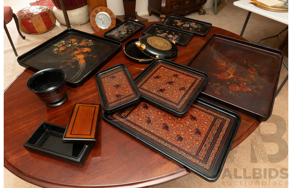Collection Vintage & Other Asian Lacquer Ware Including Two Vietnamese Examples with Rooster Theme, Burmese Trays, Turtle Form Dish and More