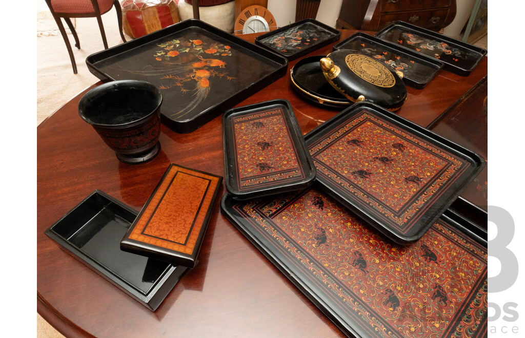 Collection Vintage & Other Asian Lacquer Ware Including Two Vietnamese Examples with Rooster Theme, Burmese Trays, Turtle Form Dish and More