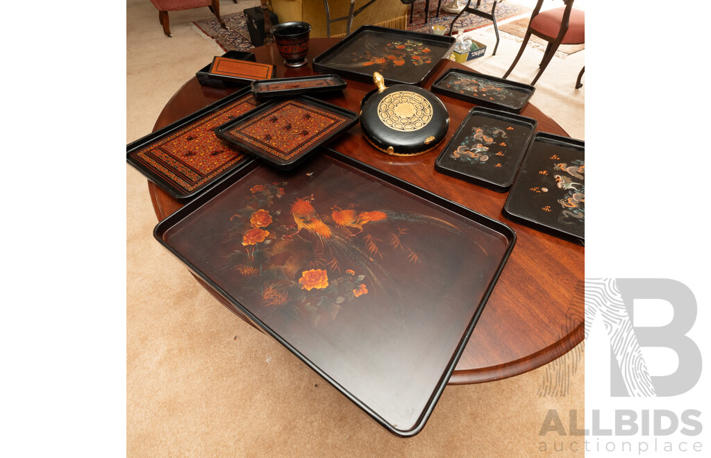 Collection Vintage & Other Asian Lacquer Ware Including Two Vietnamese Examples with Rooster Theme, Burmese Trays, Turtle Form Dish and More