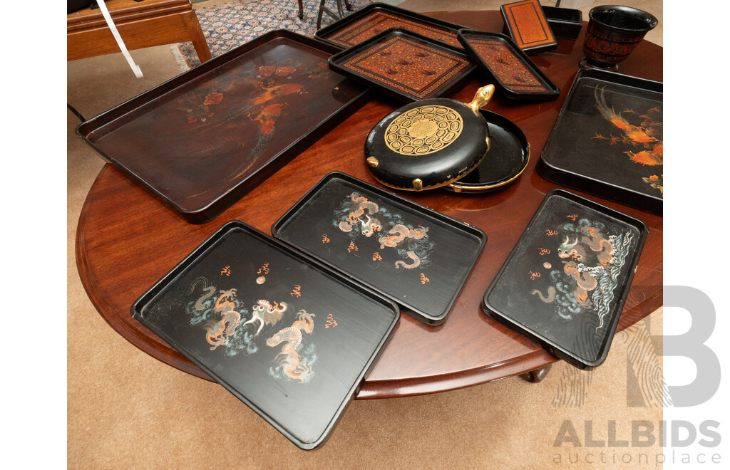 Collection Vintage & Other Asian Lacquer Ware Including Two Vietnamese Examples with Rooster Theme, Burmese Trays, Turtle Form Dish and More