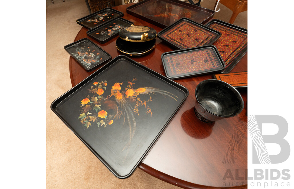 Collection Vintage & Other Asian Lacquer Ware Including Two Vietnamese Examples with Rooster Theme, Burmese Trays, Turtle Form Dish and More