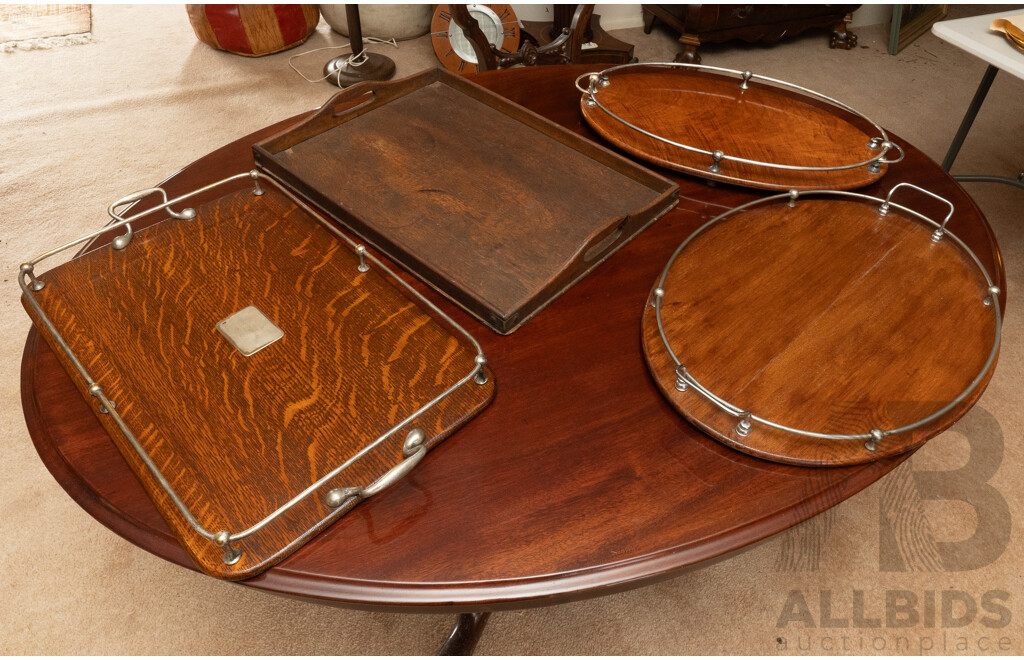 Collection Four Antique Oak Butlers Serving Trays Including Two Oval Examples with Chrome Railings