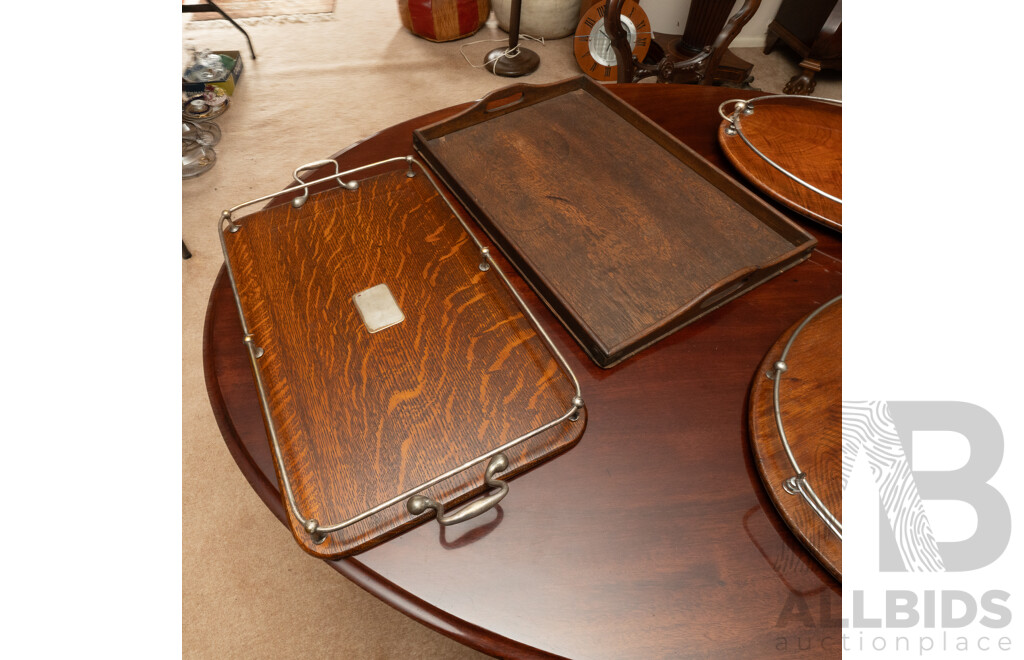 Collection Four Antique Oak Butlers Serving Trays Including Two Oval Examples with Chrome Railings