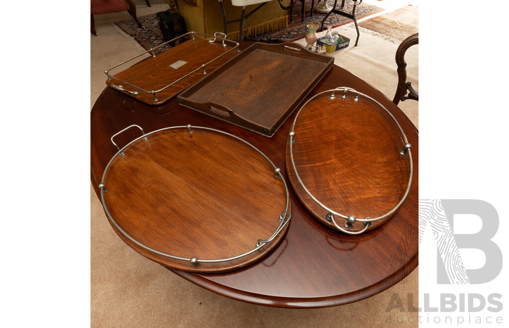 Collection Four Antique Oak Butlers Serving Trays Including Two Oval Examples with Chrome Railings