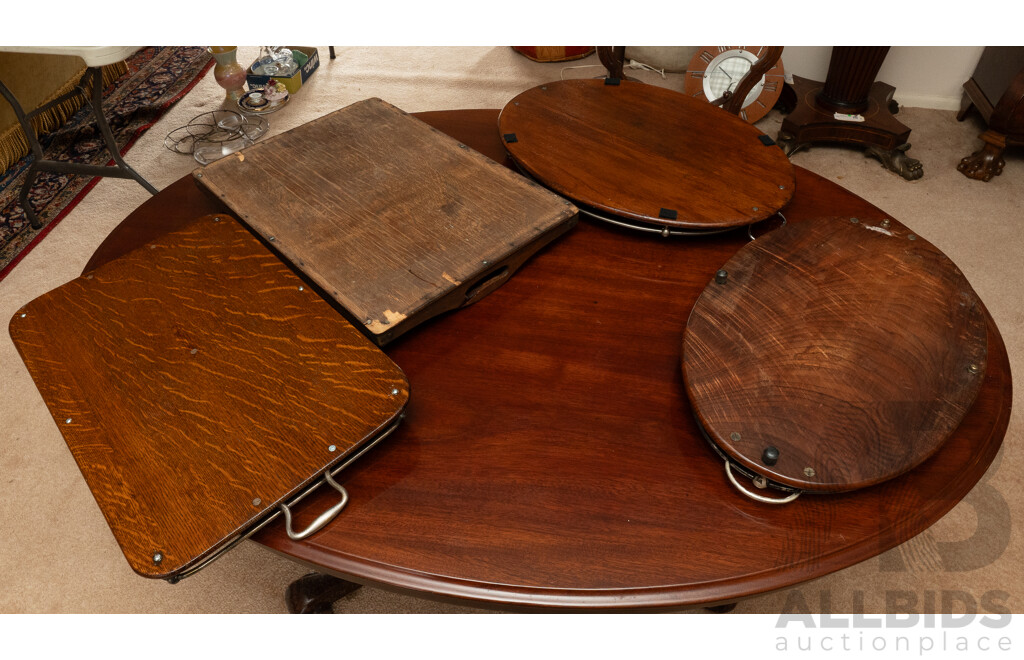 Collection Four Antique Oak Butlers Serving Trays Including Two Oval Examples with Chrome Railings