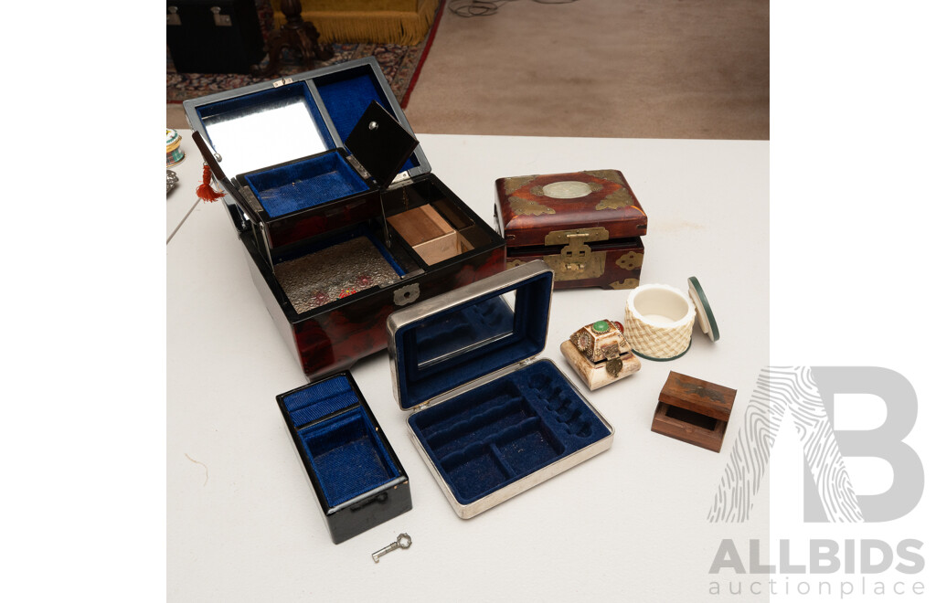 Collection Boxes Including Japanese Lacquer Ware Example with Musical Feature, Chinese Example with Carved Soft Stone Panel and More