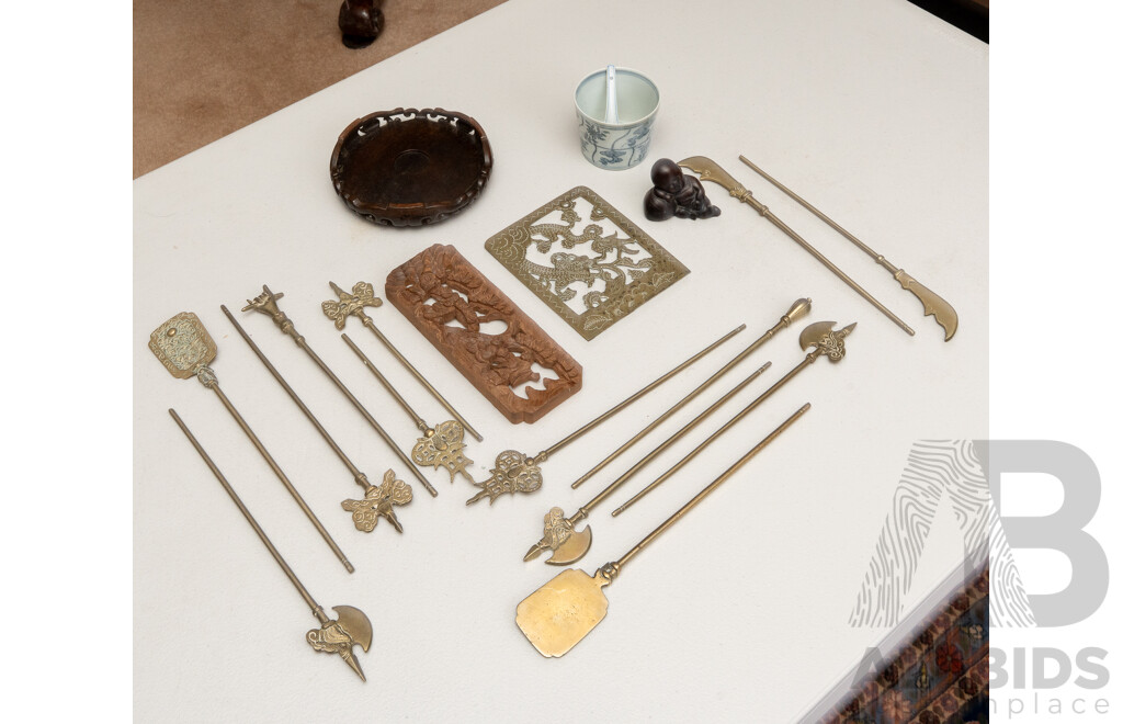 Collection Asian Souvenir Ware Items Including Brass Miniature Display Weapon Set and More