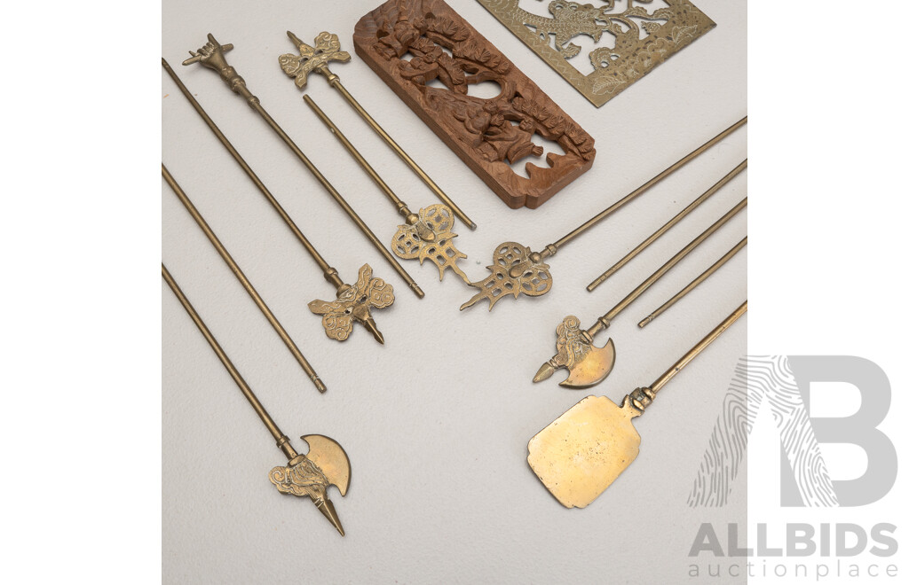 Collection Asian Souvenir Ware Items Including Brass Miniature Display Weapon Set and More