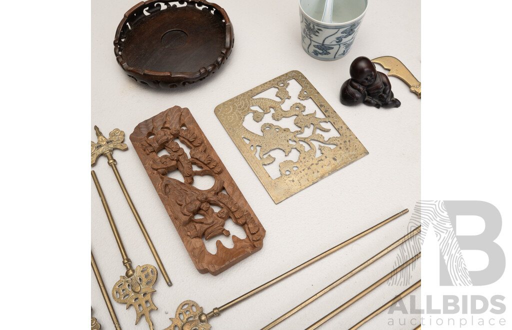 Collection Asian Souvenir Ware Items Including Brass Miniature Display Weapon Set and More