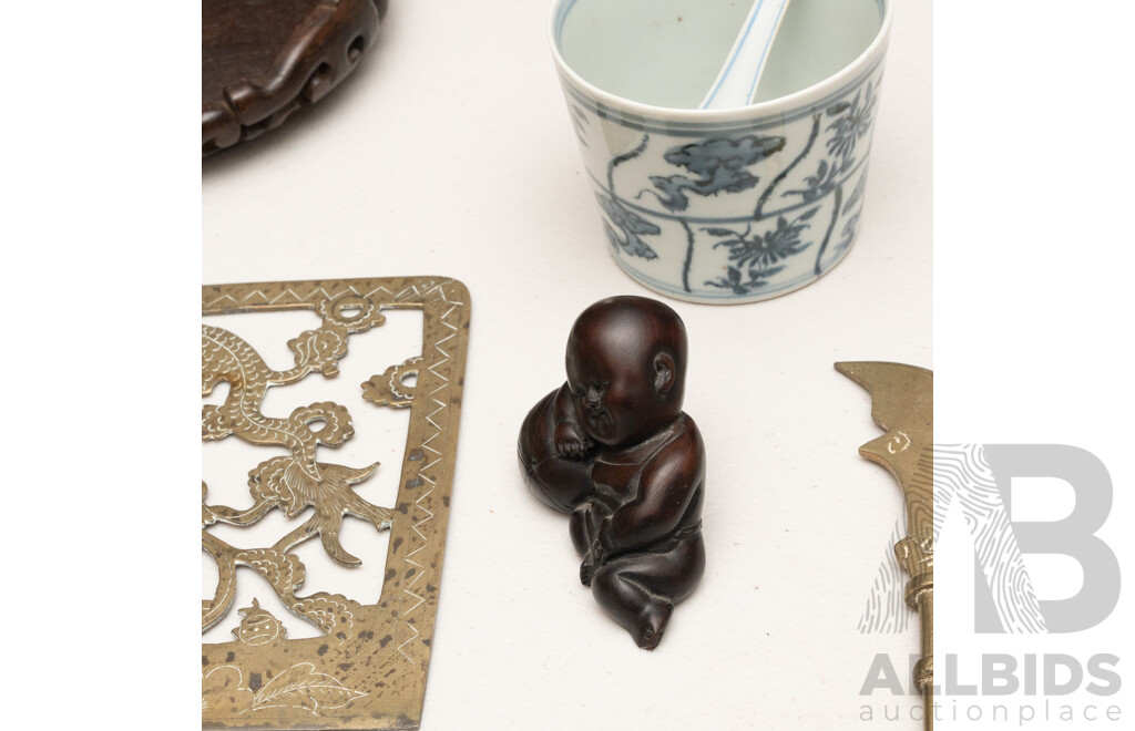 Collection Asian Souvenir Ware Items Including Brass Miniature Display Weapon Set and More