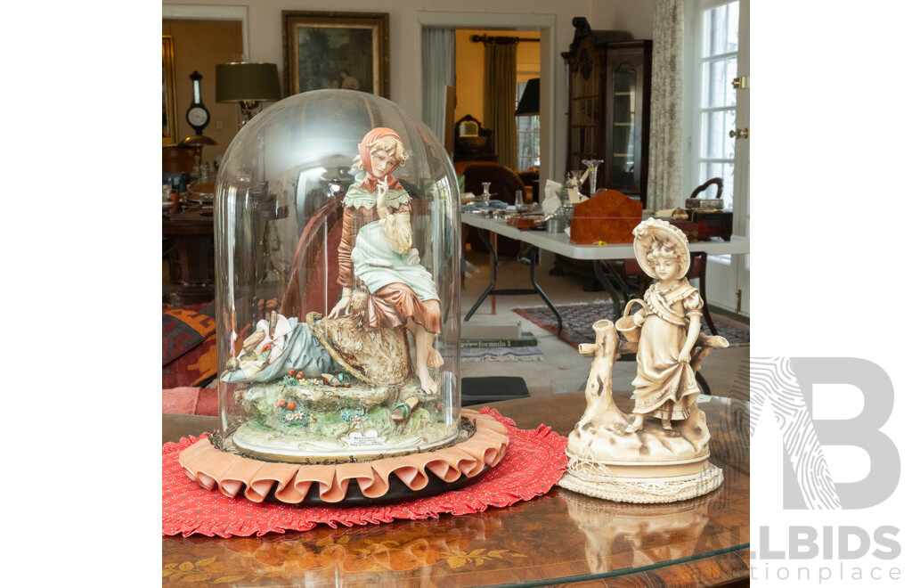 Vintage Italian Capodimonte Sculpture of Peasant Girl in Bucolic Country Scene Under Glass Dome Along with Another Ceramic Young Lady Figure