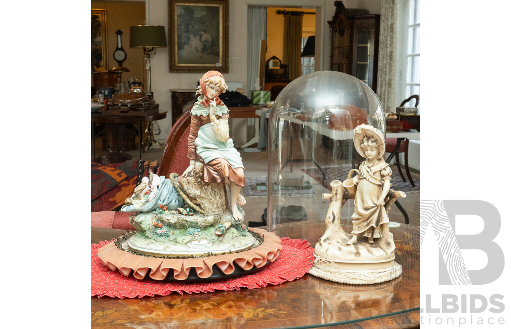 Vintage Italian Capodimonte Sculpture of Peasant Girl in Bucolic Country Scene Under Glass Dome Along with Another Ceramic Young Lady Figure