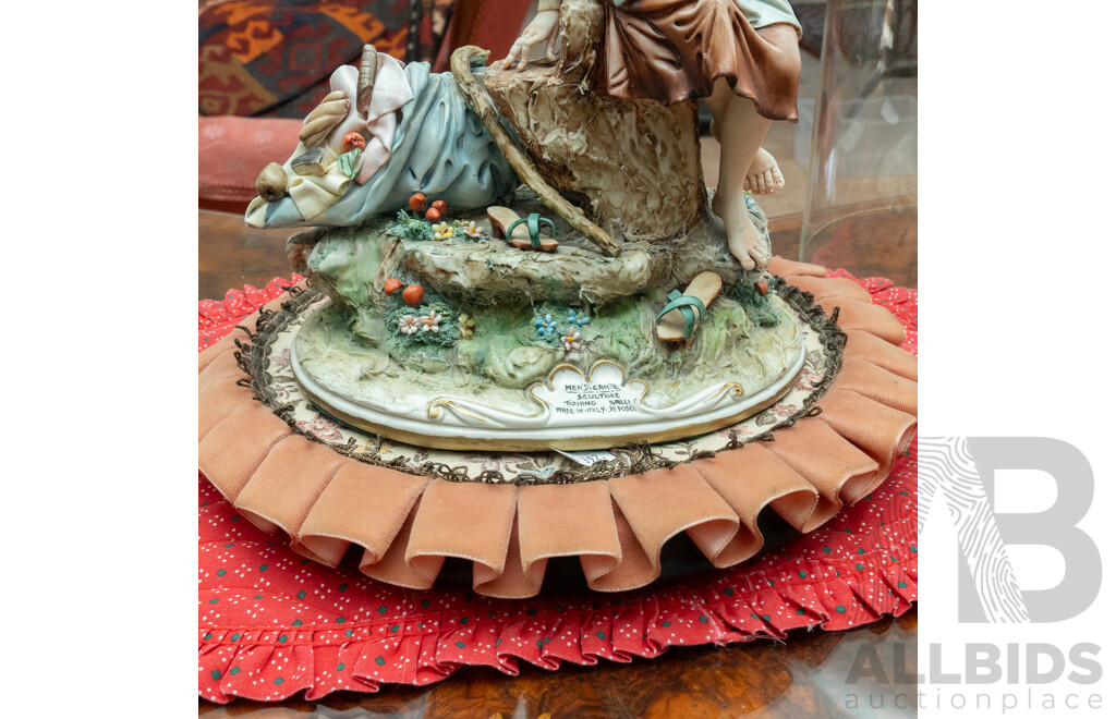 Vintage Italian Capodimonte Sculpture of Peasant Girl in Bucolic Country Scene Under Glass Dome Along with Another Ceramic Young Lady Figure