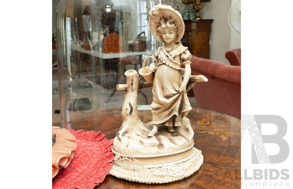 Vintage Italian Capodimonte Sculpture of Peasant Girl in Bucolic Country Scene Under Glass Dome Along with Another Ceramic Young Lady Figure