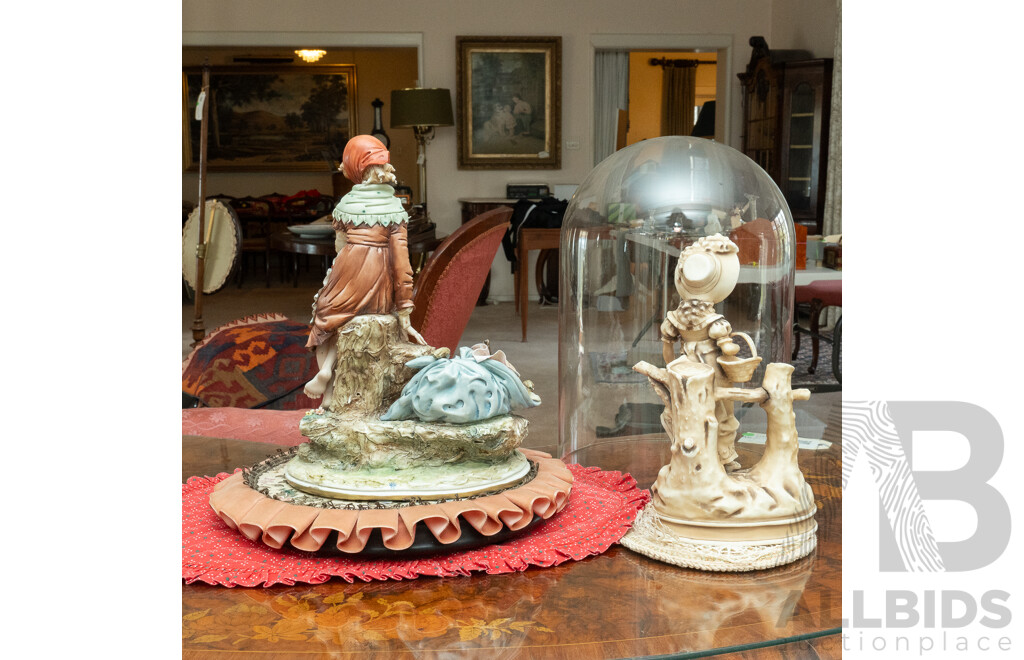 Vintage Italian Capodimonte Sculpture of Peasant Girl in Bucolic Country Scene Under Glass Dome Along with Another Ceramic Young Lady Figure