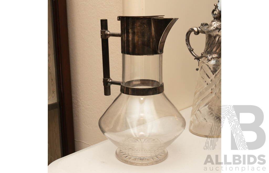 Antique Claret Jug with Silver Plate Collar, Cut Glass Diamond Shaped Body & Ebonised Bar Handle, Designed by Christopher Dresser for Hukin & Heath, Circa 1882