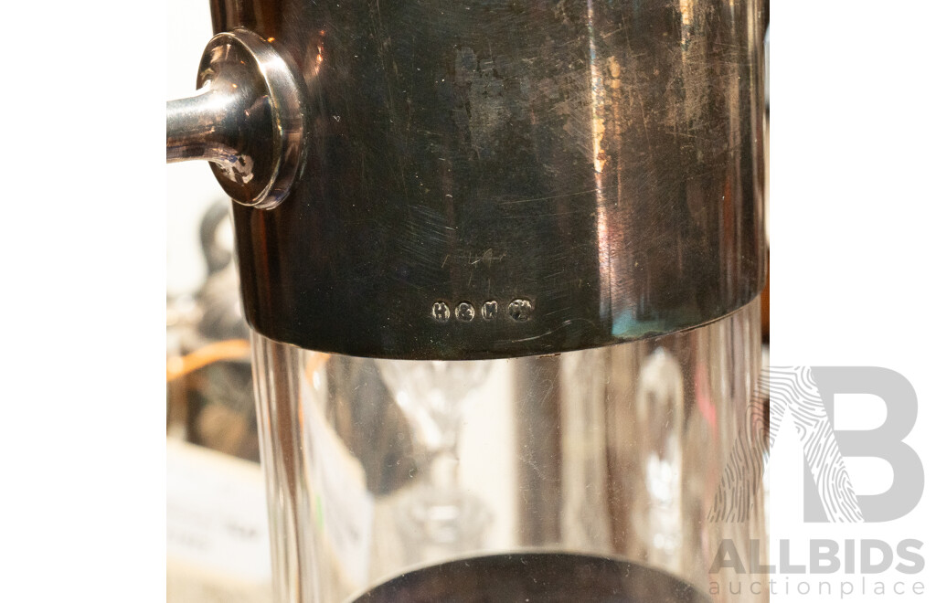 Antique Claret Jug with Silver Plate Collar, Cut Glass Diamond Shaped Body & Ebonised Bar Handle, Designed by Christopher Dresser for Hukin & Heath, Circa 1882