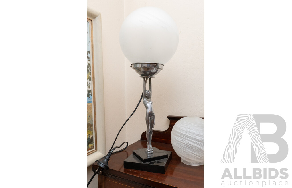 Antique Dianna Chrome Lady Lamp with Glass Shade and Later Stepped Base
