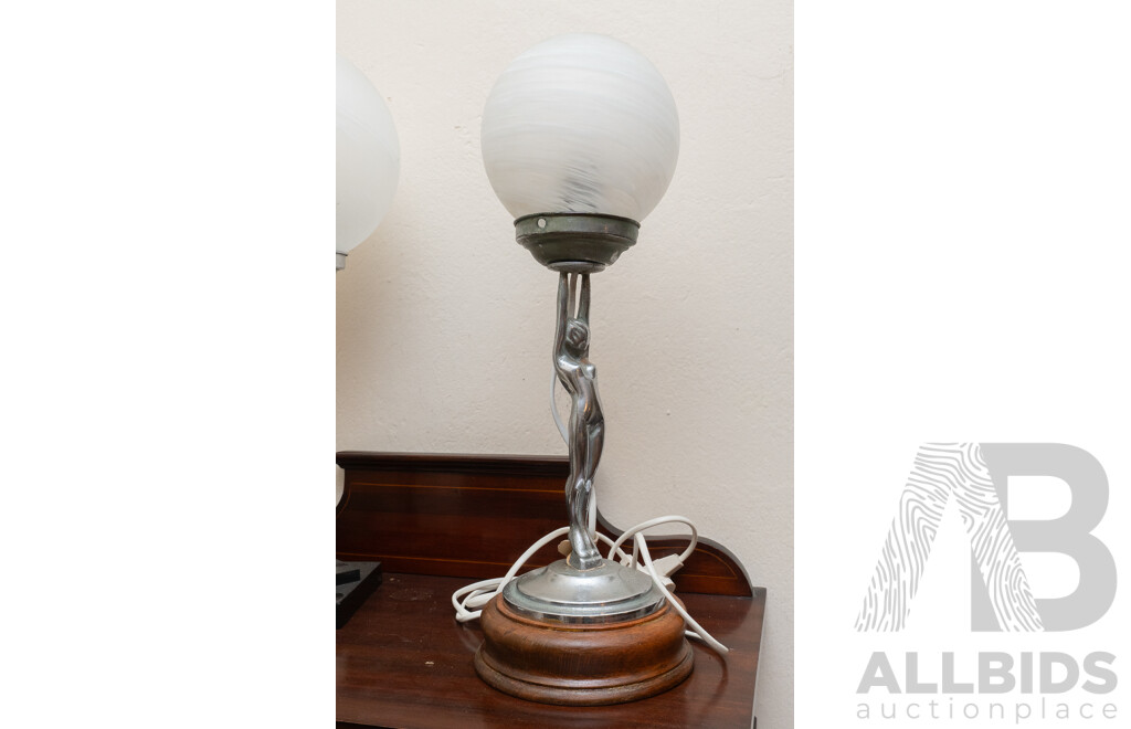 Antique Dianna Chrome Lady Lamp with Glass Shade and Wooden Base