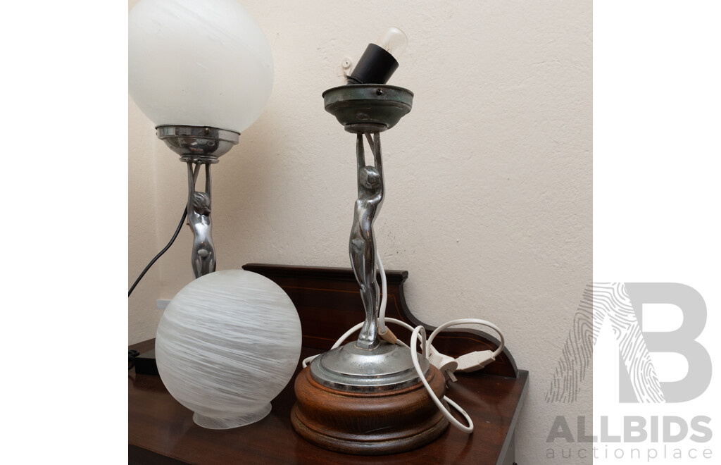 Antique Dianna Chrome Lady Lamp with Glass Shade and Wooden Base