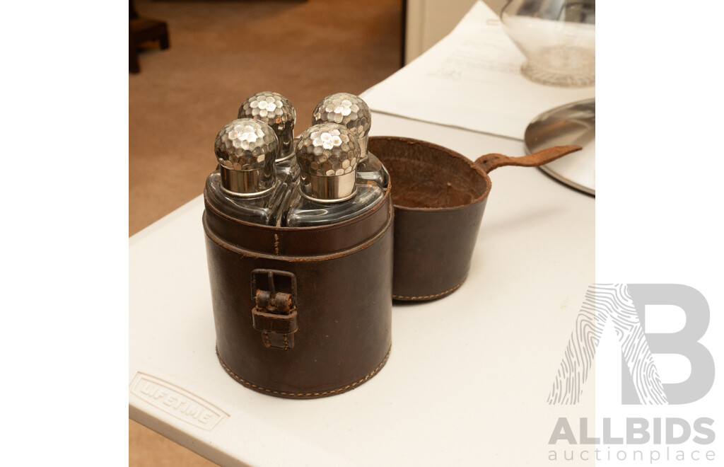 Antique Four Quarter Glass Perfume Bottles with Silver Plate Lids in Original Leather Carry Case