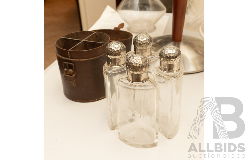 Antique Four Quarter Glass Perfume Bottles with Silver Plate Lids in Original Leather Carry Case