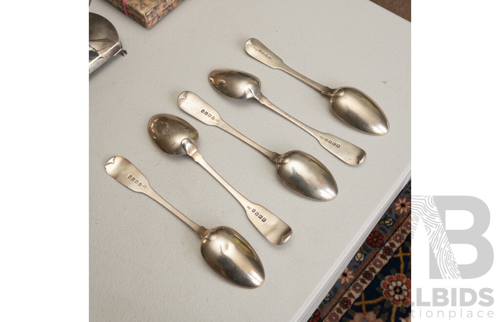 Collection of Sterling Silver Fiddle Back Spoons, Four Matching, Stamped Dublin, 1828, Single Spoon Stamped London 1825. 178g