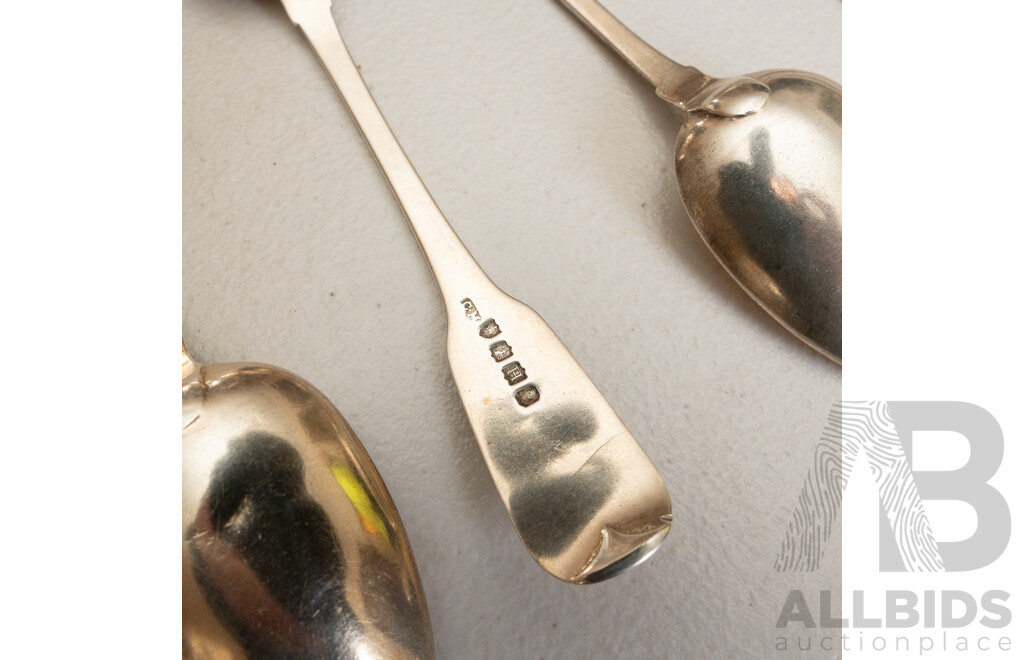 Collection of Sterling Silver Fiddle Back Spoons, Four Matching, Stamped Dublin, 1828, Single Spoon Stamped London 1825. 178g