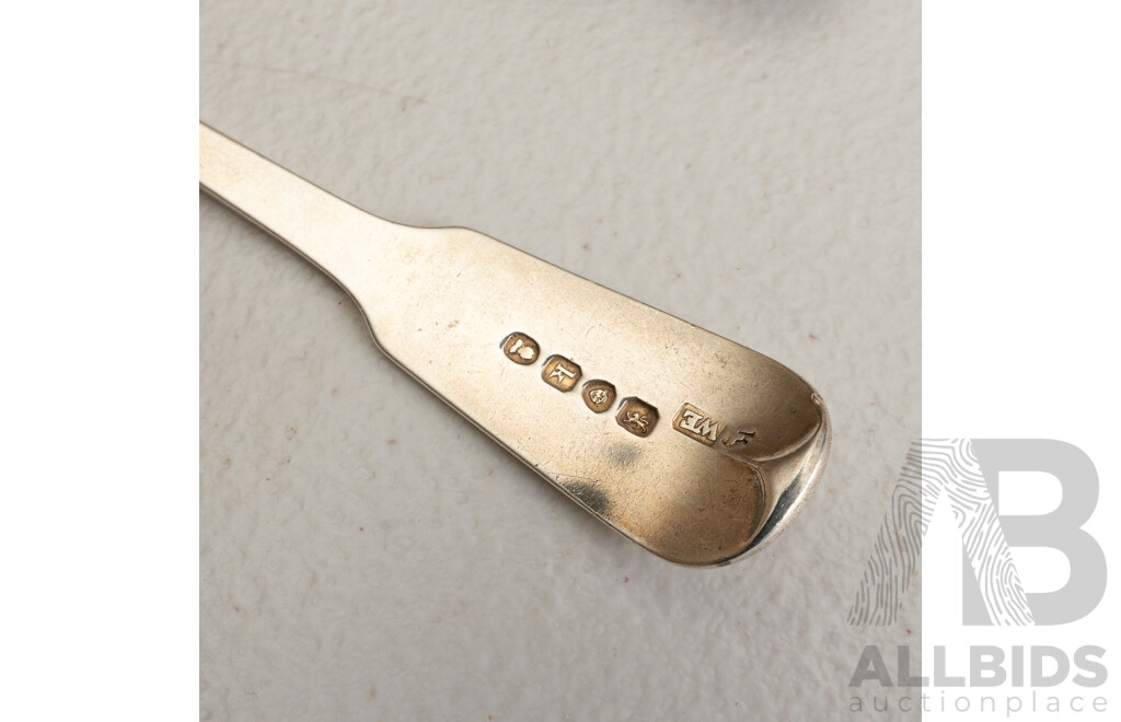 Collection of Sterling Silver Fiddle Back Spoons, Four Matching, Stamped Dublin, 1828, Single Spoon Stamped London 1825. 178g