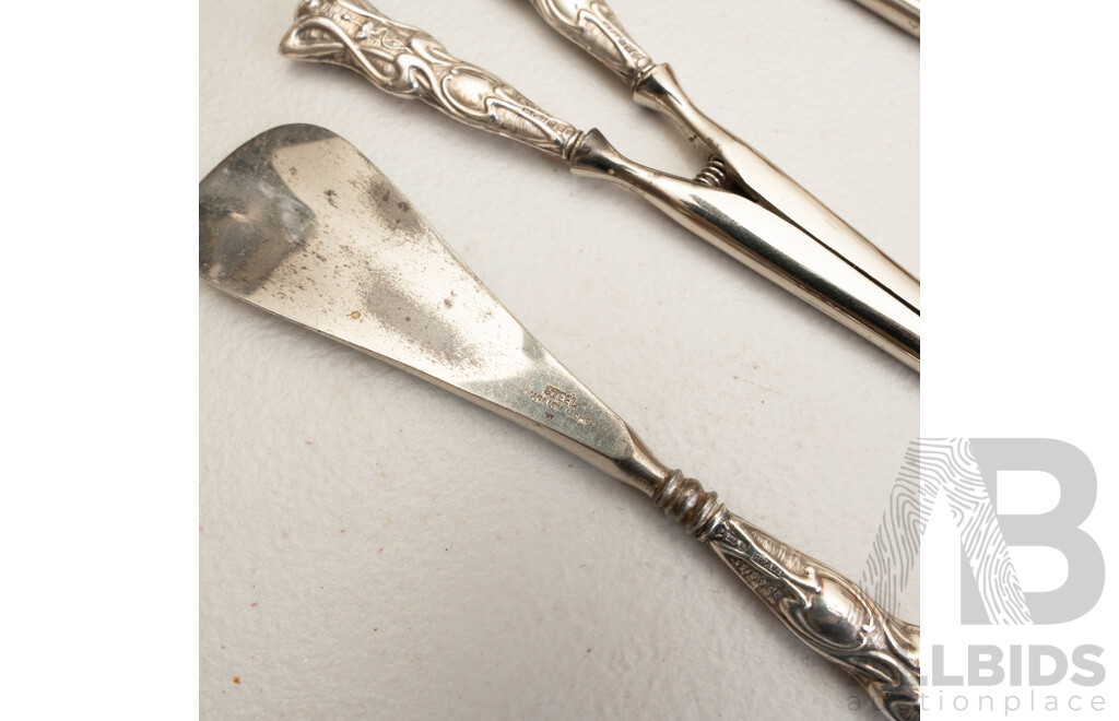 Sterling Silver Handled Dressing Table Set, Including Button Hook, Shoehorn and Glove Stretcher, Birmingham, 1905