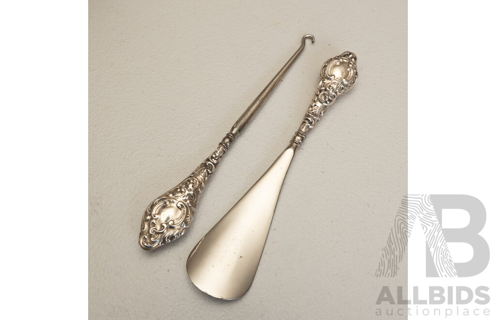 Sterling Silver Handled Shoe Horn, Stamped Chester 1905 and Button Hook, Stamped Chester 1919