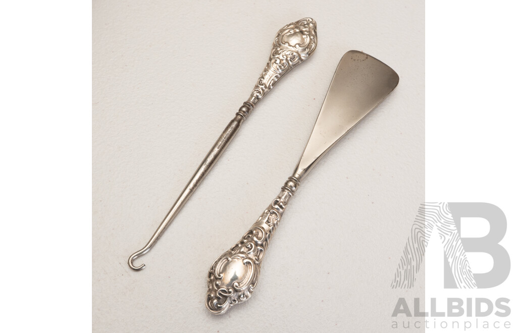 Sterling Silver Handled Shoe Horn, Stamped Chester 1905 and Button Hook, Stamped Chester 1919