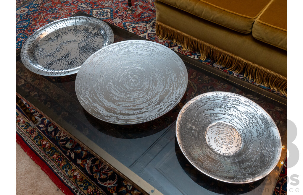 Two Retro Local Don Sheil Brutalist Aluminium Pieces Comprising Serving Bowl and Centrepiece Charger Along with Another by Stephen Daly