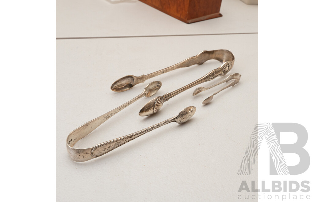 Collection of Three Sterling Silver Tongs, One Stamped London 1832, One Stamped London 1888 and One Stamped Birmingham 1910